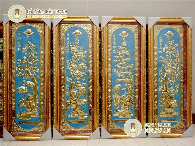 Tranh tứ quý bằng đồng vàng liền mê khung gỗ KT 40x115