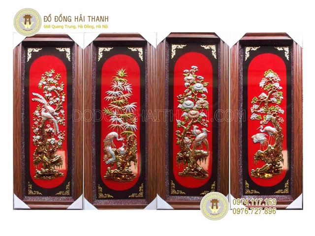 Tranh tứ quý bằng đồng dứt nền đỏ KT 35x90