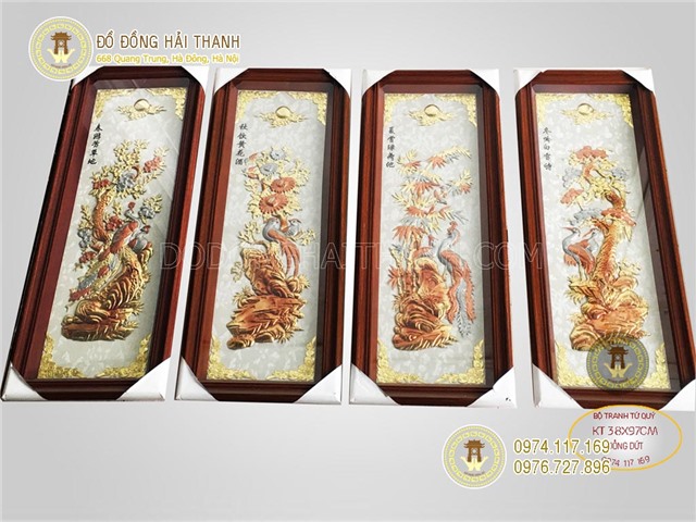 Tranh tứ quý bằng đồng treo phòng khách giá rẻ KT 30 x 90