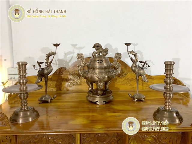 Đỉnh đồng thờ cúng hoa sòi, bộ ngũ sự đỉnh đồng, nến đồng, hạc đồng