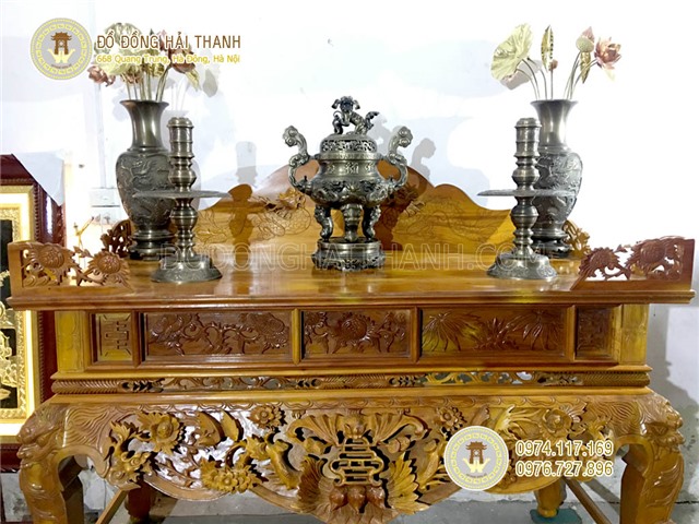 Bộ đỉnh đồng thờ cúng ngũ sự song long chầu nguyệt cao 60 cm