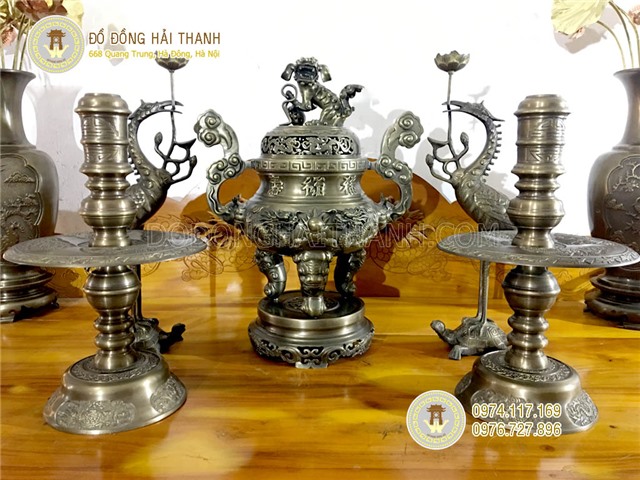 Bộ đỉnh đồng thờ cúng tam sự đỉnh nến cao 60 cm