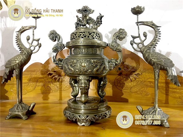 Bộ đỉnh đồng thờ cúng tam sự đỉnh hạc cao 60 cm