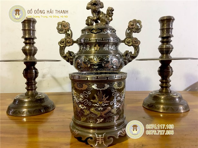 Đỉnh đồng thờ cúng khảm ngũ sắc tam sự 1 chữ vàng cao 60 cm