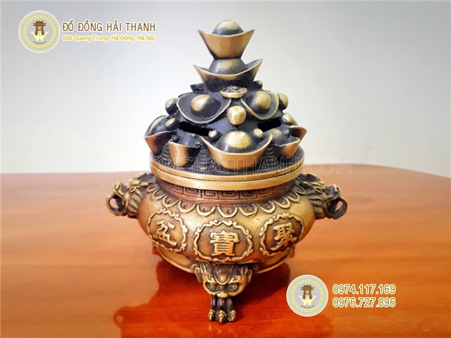 Lư xông trầm bằng đồng nắp đĩnh bạc núi tiền vàng cao 15cm