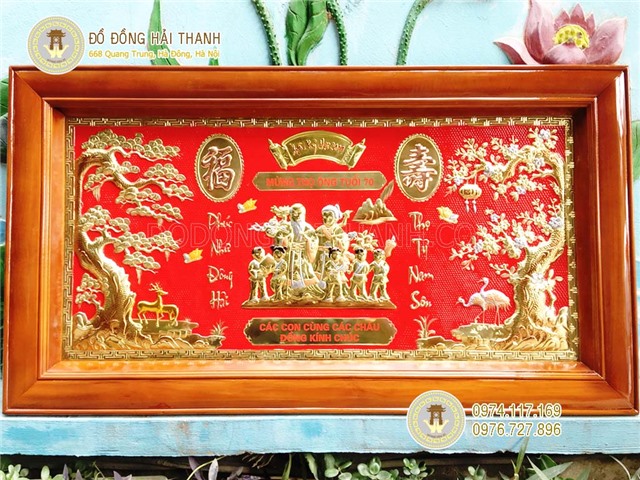 Tranh mừng thọ ông bà bằng đồng liền mê khung gỗ KT 81x146