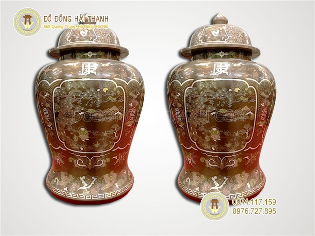 Đôi chóe đồng khảm ngũ sắc chạm khắc tranh tứ quý