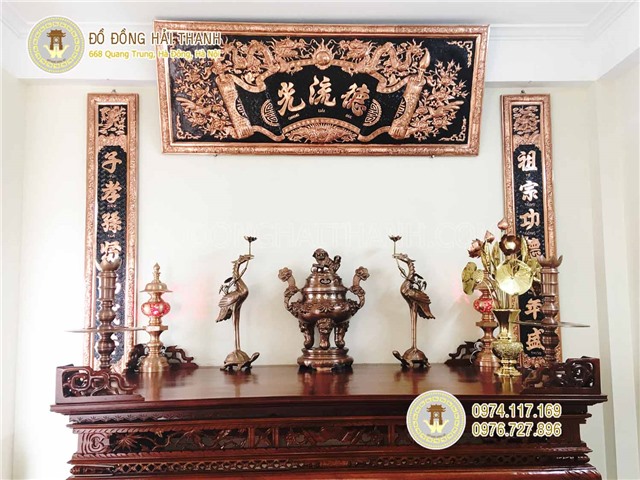 Hoành phi câu đối bằng đồng đỏ KT 1m76