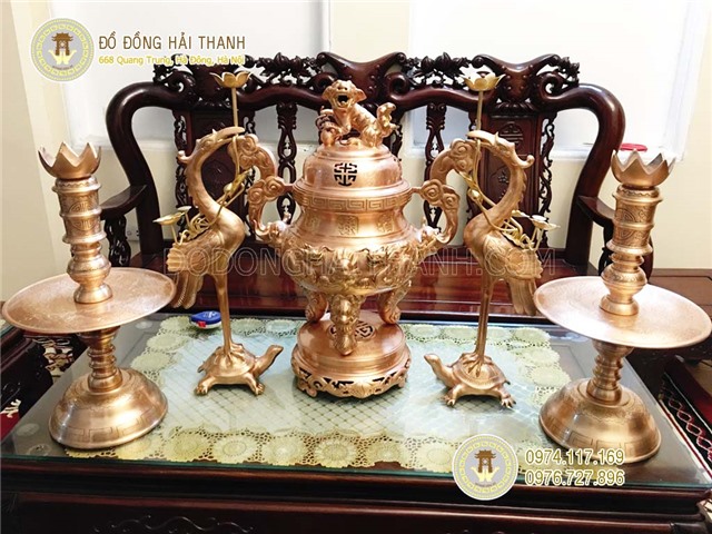 Bộ đỉnh ngũ sự bằng đồng đỏ cao 70 cm