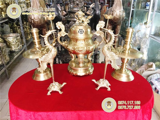 Bộ đỉnh đồng vàng cao 60 cm, bộ ngũ sự đồng vàng cho ban thờ 1m97
