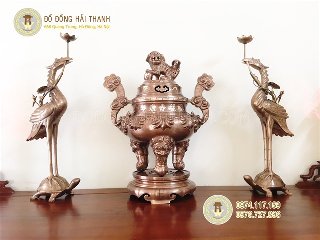 Bộ đỉnh đồng đỏ khảm 5 chữ bạc - Đỉnh đồng Đại Bái chất lượng