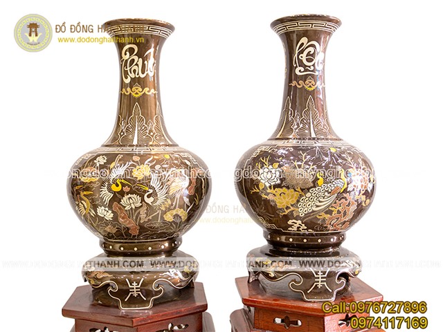 Lọ hoa đồng khảm ngũ sắc KT 48 cm