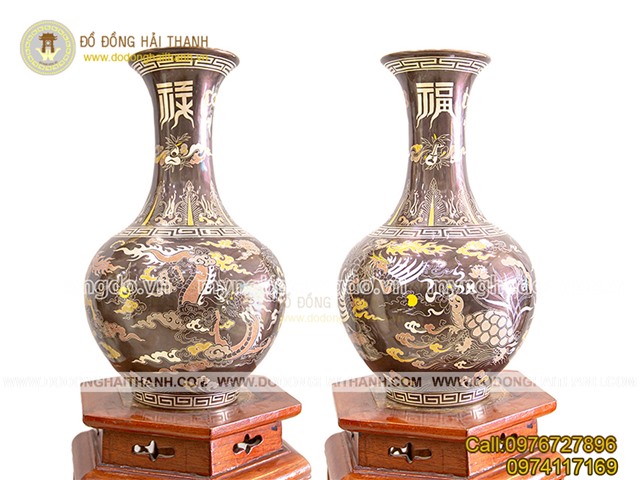 Đôi lọ hoa đồng khảm ngũ sắc chạm tứ linh Long Lân Quy Phụng