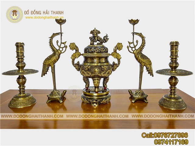 Bộ đỉnh đồng ngũ sự thờ cúng đúc rồng nổi cho ban thờ KT 1m27 1m35 1m55