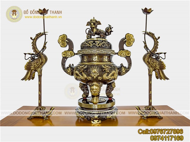 Bộ đỉnh tam sự đồng vàng mài công nghệ rồng nổi 3D cao 70 cm