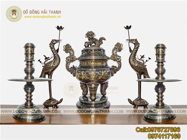 Bộ đỉnh đồng thờ cúng cao cấp khảm ngũ sắc 5 chữ vàng