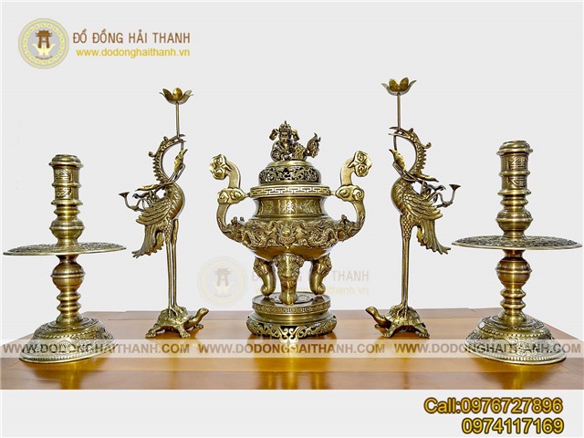 Bộ đỉnh đồng thờ cúng đúc thủ công rồng nổi 3D mài công nghệ cao 50 cm